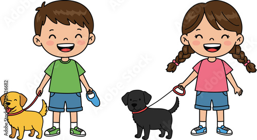 Children walking dogs, cartoon kids, outdoor fun, pet activity, leash holding, happy moment, vector art, editable design, playful scene, companionship