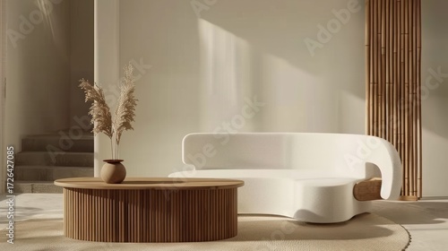 Modern Minimalist Living Room with White Sofa and Wooden Coffee Table in Bright Natural Light