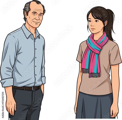 Cartoon Lifestyle Icons Featuring Doctor and Woman in Casual Attire, Neutral Mood, Communication Theme, and Interpersonal Interaction Scene