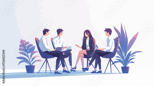 Four professionals are seated in a stylish office environment, engaged in a collaborative discussion. They appear focused and attentive, sharing thoughts and insights.