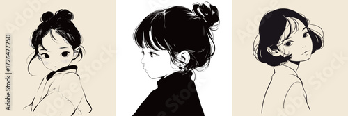 Three artistic portraits feature girls with different hairstyles. Each girl displays her individual expression and style in a minimalistic design.