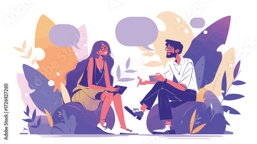 Two friends sit together having a lively conversation amidst vibrant colors and abstract shapes. One holds a tablet while the other listens intently, surrounded by leaves.