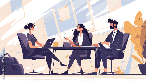Three professionals are sitting around a table in a modern office. They are discussing ideas while using laptops and taking notes, creating a lively atmosphere.