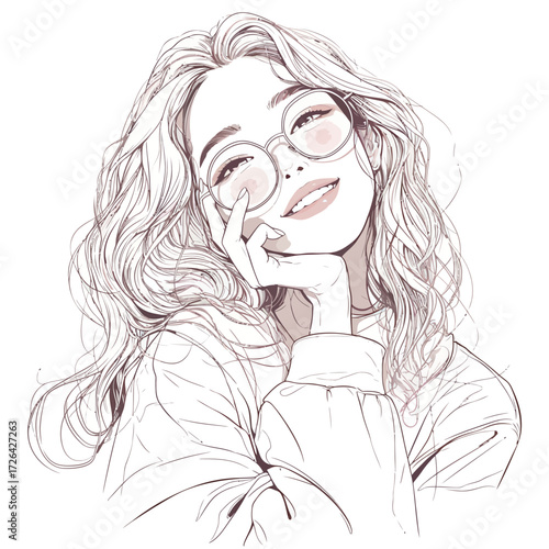 A young woman wearing glasses smiles softly while resting her chin on her hand. Her wavy hair frames her face, creating a warm and inviting atmosphere at home.