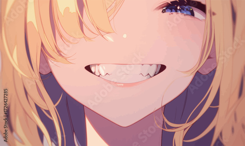 A girl with wavy blonde hair smiles brightly, revealing her teeth, while showcasing her captivating blue eyes against a soft background of colors.