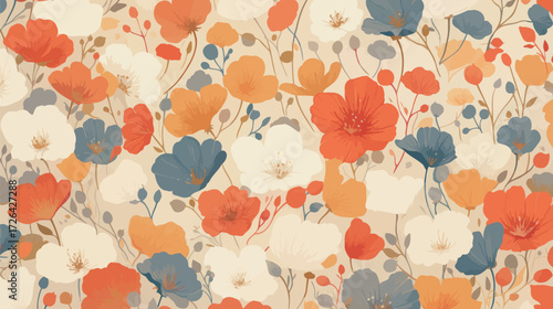 This artwork features an array of colorful flowers in various shapes and sizes, creating a lively and cheerful pattern. The background is soft, enhancing the vibrant colors.