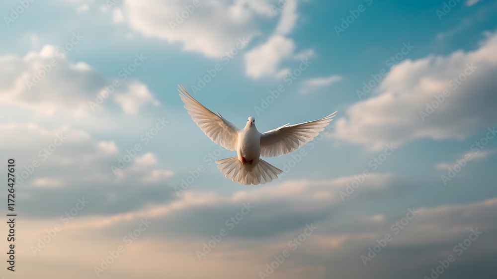 Obraz premium White dove flying against a cloudy sky during golden hour