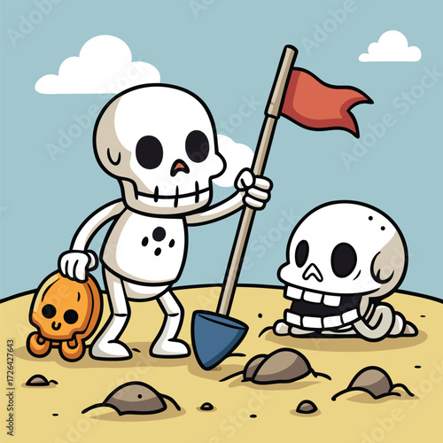Sunbathing ghosts or beach skeletons Cute skeletons digging for treasure on a sandy beach