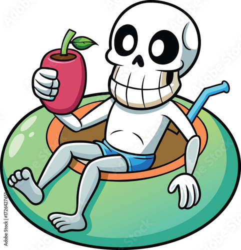 Sunbathing ghosts or beach skeletons Skeleton relaxing on an inner tube holding an apple