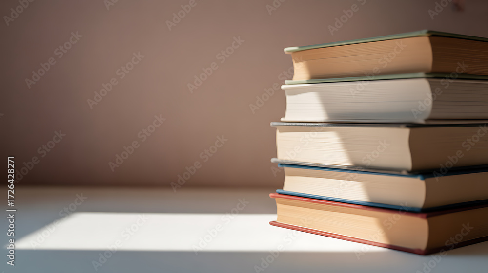 Stack of books on a table illuminated by natural light