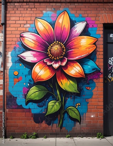 Vibrant flower mural on brick wall