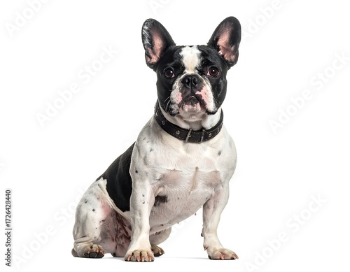 A black and white French Bulldog sits against a white background, wearing a brown leather collar
