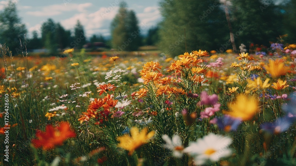Fototapeta premium Vibrant Wildflower Meadow in Full Bloom: Nature's Colorful Symphony
