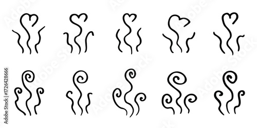 Set of hand drawn steam and smoke Steam swirls doodle Heat waves or aroma from cooking food and hot coffee, gas and fumes Single element for print, web, design, decor