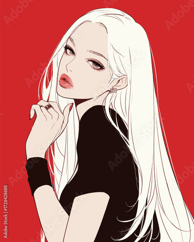 A woman with long flowing white hair is striking a confident pose. She wears a black top and gives a subtle look, creating a bold and captivating scene.