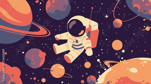 A cheerful astronaut drifts through a vibrant space scene filled with colorful planets and stars. The cosmic background adds depth to the exploration theme.