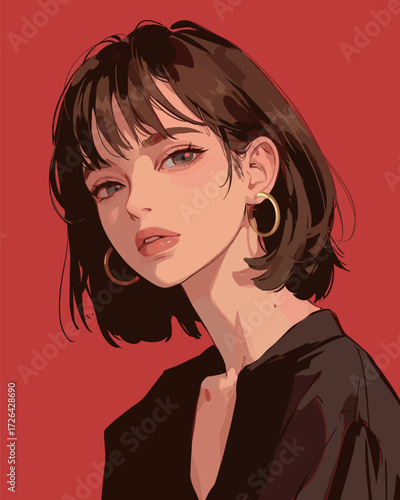 A young woman with short hair is posing with a confident expression. She wears large hoop earrings and a black top, standing out against a vibrant red backdrop.