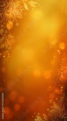 Diwali background with gold paisley border on saffron orange, vertical banner with copy space for greeting card or flyer