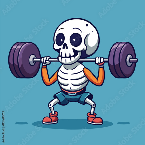 Sunbathing ghosts or beach skeletons Cartoon skeleton lifting weights doing squats fitness exercise