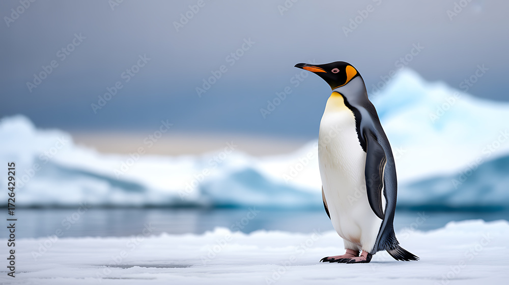 Obraz premium A king penguin standing on ice with snow-covered mountains in the background