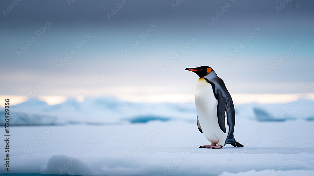 Fototapeta premium A solitary emperor penguin stands on an icy landscape under a cloudy sky in Antarctica.