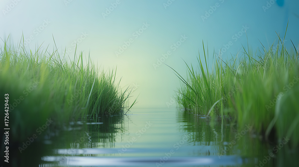 Naklejka premium A serene view of green grass growing along the edges of a calm water surface with a soft gradient sky in the background.