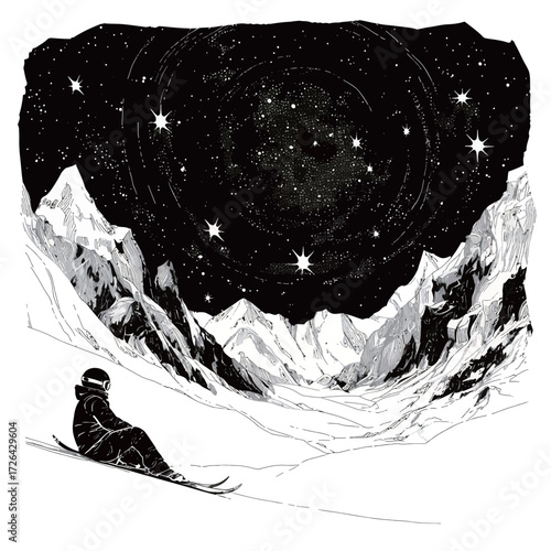 A skier sits on a snowy slope, admiring the magnificent star-filled sky above the majestic mountains. The scene captures tranquility and beauty at night.