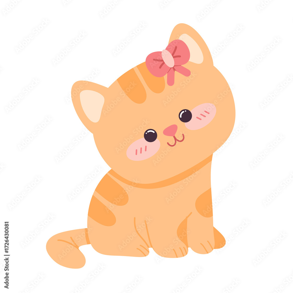 Fototapeta premium Adorable orange tabby kitten with a cute pink bow on its head. A charming cartoon character illustration isolated on a white background