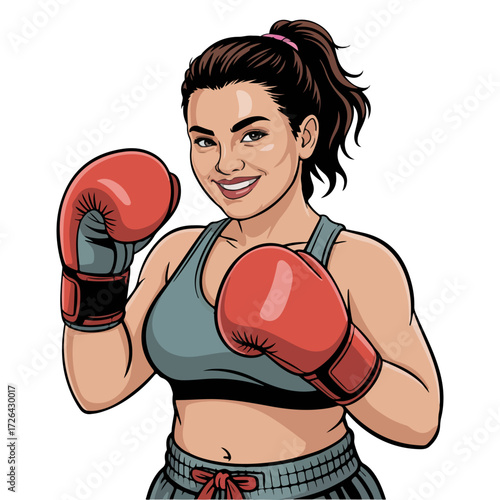 A determined female boxer, radiating confidence and strength, stands ready for her next match. With her boxing gloves up, she embodies athleticism and the fighting spirit.