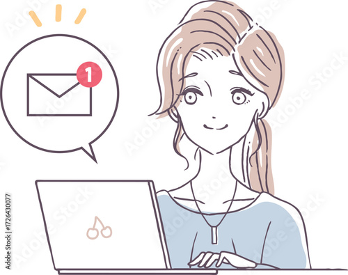 新着メッセージを受信したノートパソコンと嬉しそうな笑顔の若い女性のイラスト素材