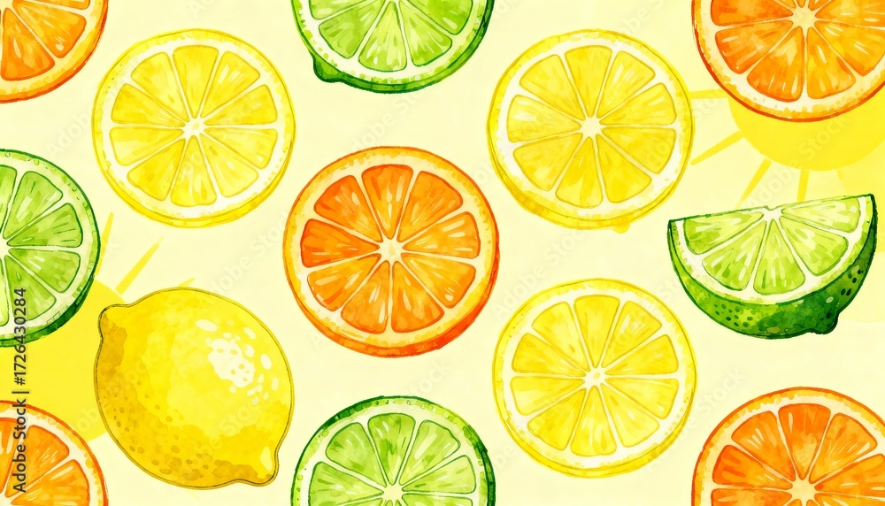 Fototapeta premium Zesty Citrus Burst: An array of vibrant citrus slices, meticulously arranged, evoke a refreshing and colorful summer vibe. This illustration highlights the beauty of nature's bounty.