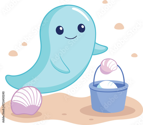 Sunbathing ghosts or beach skeletons Cute blue ghost enjoying a day at the sandy beach with shells