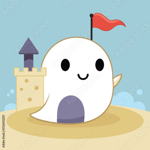 Sunbathing ghosts or beach skeletons Cute ghost character at a sandcastle on the beach