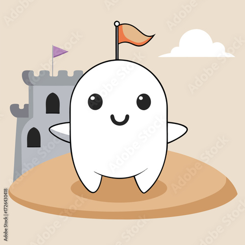 Sunbathing ghosts or beach skeletons Cute kawaii ghost character standing on sand with castle background
