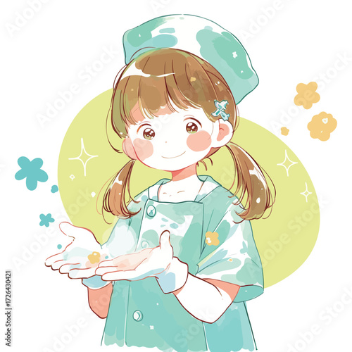 A young girl wearing medical scrubs and a cap shows her hands with a bright smile, showcasing a friendly and welcoming demeanor in a playful setting.