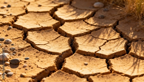 Cracked Earth: A close-up shot reveals parched earth, its surface deeply fissured by drought. The image evokes feelings of aridity and environmental distress.