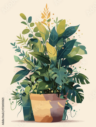 Colorful plants of various shapes and sizes fill decorative pots, creating a lively indoor atmosphere. The green leaves and artistic arrangements bring nature indoors beautifully.