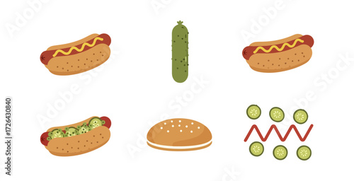 Hot dogs pickles and buns flat lay food illustration