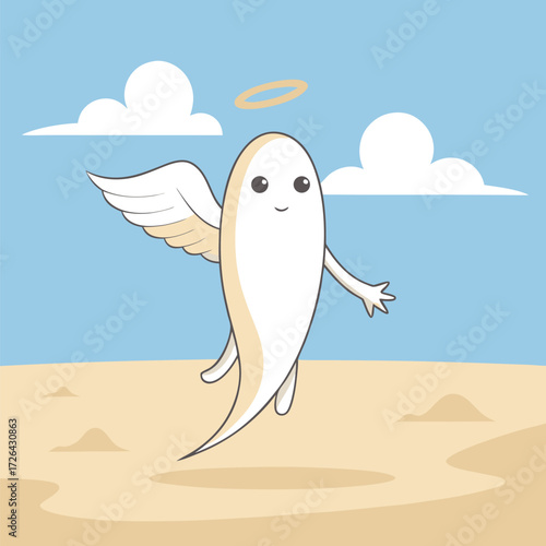 Sunbathing ghosts or beach skeletons Cute cartoon angel ghost floating in the sky