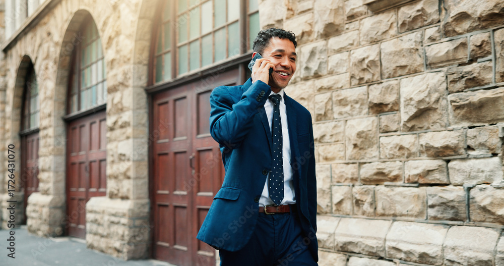 Obraz premium Happy, lawyer and walking on street with phone call for client lawsuit, communication and settlement agreement. Court case, man and mobile discussion for contract, legal system and justice for trial.