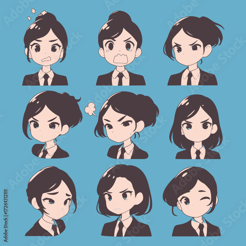 A young woman in a business suit displays various facial expressions such as anger, confusion, and happiness against a blue background.