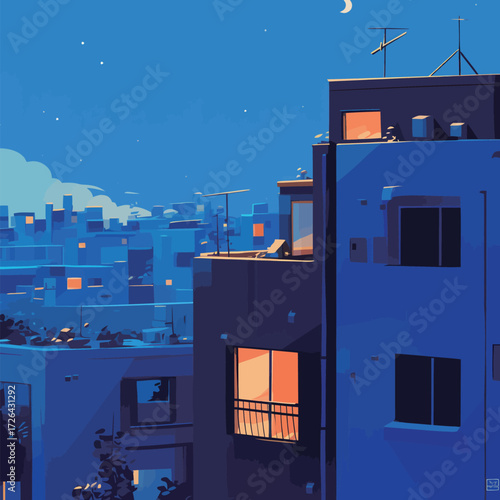 A serene urban scene captures buildings under a night sky. Glowing windows illuminate the dark, while a few stars shine above, creating a calm atmosphere in the city.