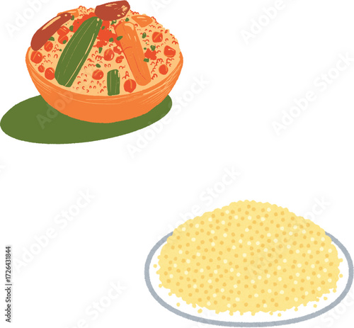 Vector art of a colorful illustration of couscous, a traditional north african dish, featuring semolina grains and vegetables
