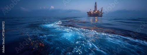 Tranquil View of an Offshore Oil Rig Illuminated by the Soft Glow of Dawn with Gentle Waves Rippling in the Foreground and Serene Ocean Background