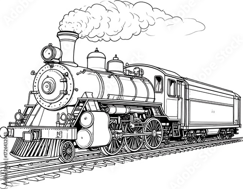 Vintage steam locomotive illustration black and white sketch