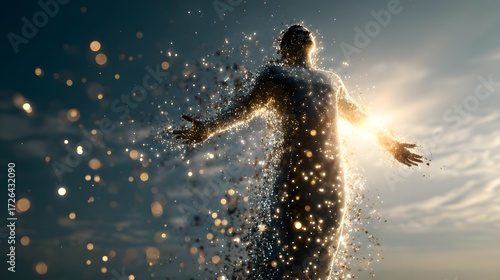 Human silhouette dissolving into sparkles with glowing light in sky, perfect for spiritual art, transformation themes