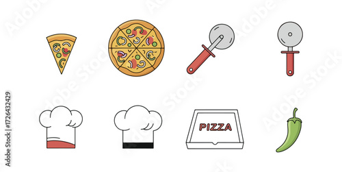 Pizza pizza cutter chef hat pizza box chili pepper flat icons