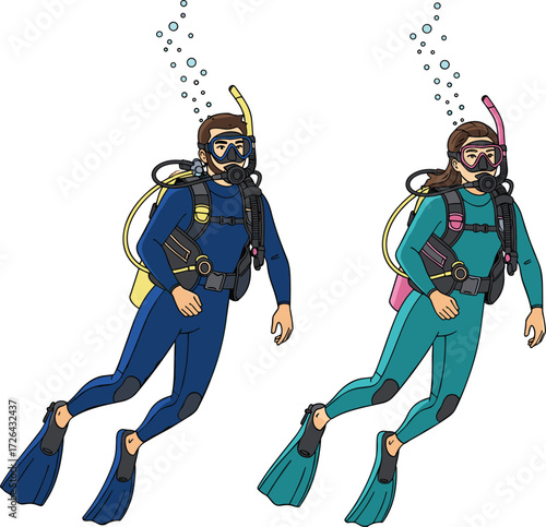 Cartoon Lifestyle Icons Featuring Scuba Divers Underwater with Gear and Bubbles, Calm Mood, Adventure Theme, and Marine Exploration Scene