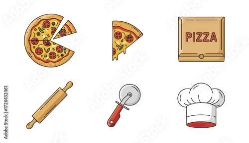 Pizza making utensils and food