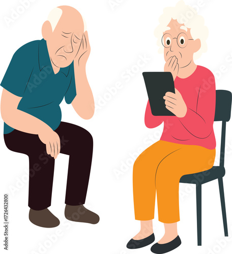 Vector art of worried senior couple elderly man with headache and upset senior woman reading news on tablet health and technology concept